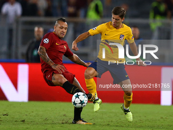 Radja Nainggolan of Roma and Luciano Vietto of Atletico during the UEFA Champions League Group C football match between AS Roma and Atletico...