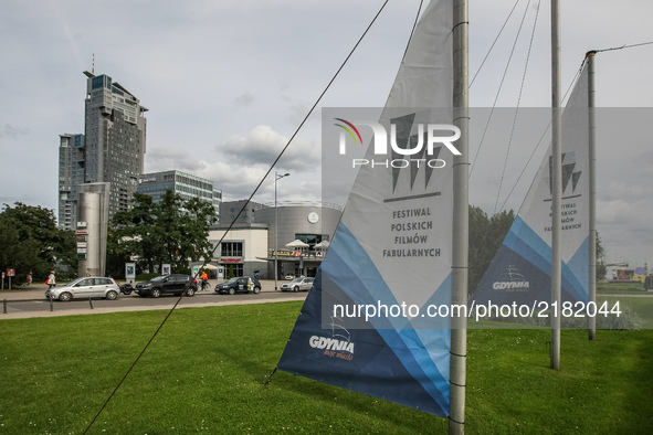 Sails with the festival logo in front of Gdynia Waterfront Centre Multikino are seen in Gdynia, Poland on 12 September 2017 
Polish Film Fes...