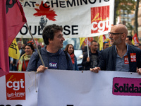 Heads of the SUD and CGT trade unions in Toulouse : Cedric Caubère. More than 10000 protesters took to the streets of Toulouse against the n...