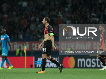 Captain Shakhtar's Dario Srna he leaves the field after the end of the first half during the group stage match of the Champions League group...