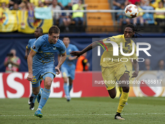 45 Roman Murtazayev of Football Club Astana (L) in action against 04 Ruben Alfonso Borges Semedo of Villarreal CF   during the UEFA Europa L...