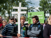 A participant of the demonstration 'Marsch fuer das Leben' (lit. march for life) holds a white cross on the meadow in front of the Reichstag...