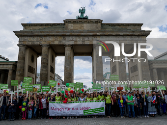 Participants of the demonstration 'Marsch fuer das Leben' (lit. march for life) can be seen on the meadow in front of the Brandenburg Gate i...
