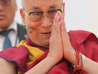 The Dalai Lama, Tenzin GYATSO, speaks at the Greek Theatre in Taormina, Italy on 16 September 2017. The spiritual leader of the Tibetan peop...