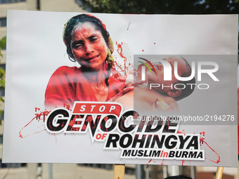 Close-up of a sign saying 'Stop genocide of Rohingya Muslims in Burma' as hundreds of demonstrators marched to protest against the violence...