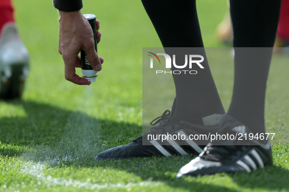 Referee uses vanishing spray during the Russian Football League match between FC Tosno and FC Spartak Moscow at Petrovsky Stadium on Septemb...