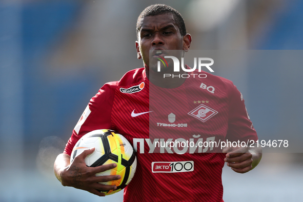 Fernando of FC Spartak Moscow hold the ball during the Russian Football League match between FC Tosno and FC Spartak Moscow at Petrovsky Sta...