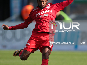 Luiz Adriano of FC Spartak Moscow vie for the ball during the Russian Football League match between FC Tosno and FC Spartak Moscow at Petrov...