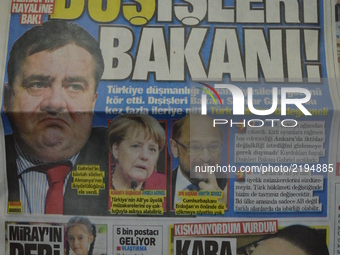 Takvim, a pro-government Turkish daily newspaper, depicts Germany's Minister of Foreign Affairs Sigmar Gabriel on its front page with a head...