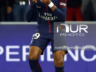 Kylian Mbappe of PSG celebrates his goal during the Ligue 1 match between Paris Saint Germain and Olympique Lyonnais at Parc des Princes on...