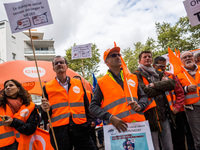 Demonstration by the members of the CFDT in front of the premises of the MEDEF against the ordinances for the new labor law put in place by...