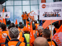 Demonstration by the members of the CFDT in front of the premises of the MEDEF against the ordinances for the new labor law put in place by...