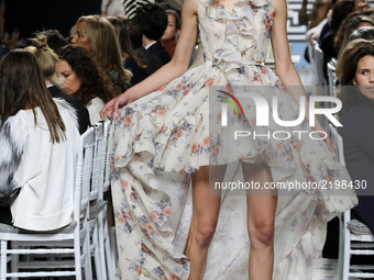 A model takes to the catwalk with a creation for Spring-Summer 2018 Collection of Jorge Vazquez during of the Madrid Fashion Week, in Madrid...
