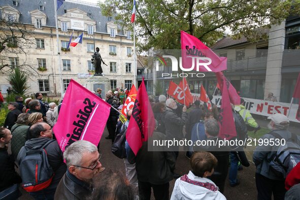 Members of several labor unions, as CGT, FO, FSU Solidaires and Unef, demonstrate in front of the Villejuif’s town hall, a southern Paris su...