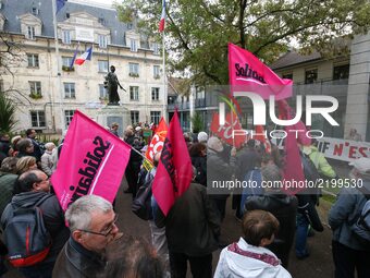 Members of several labor unions, as CGT, FO, FSU Solidaires and Unef, demonstrate in front of the Villejuif’s town hall, a southern Paris su...