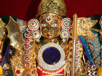 Adorned idol of Lord Murugan during the Tamil Hindu New Year at a Hindu temple in Ontario, Canada. (