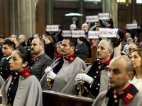Osorno, Chile. 18 September 2017. Militaries participate in the Te Deum ceremony. Members of the lay movement of Osorno protested during the...