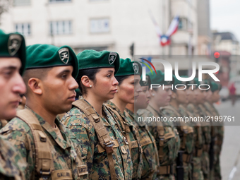 Osorno, Chile. 18 September 2017. Large numbers of women members of the armed forces participated in the military parade. Armed forces parti...