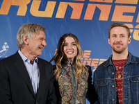 Harrison Ford, Ana de Armas and Ryan Gosling poses during the photocall of the film 'Blade Runner 2049' in Madrid on September 19, 2017. (