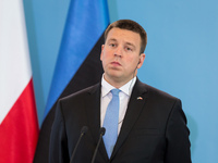 Prime Minister of Estonia Juri Ratas during the press conference after meeting with Prime Minister of Poland Beata Szydlo at Chancellery of...