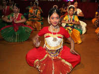 Bharatnatyam dancers perform during the Thiruvaiyaru Music and Dance Festival held in Toronto, Ontario, Canada, on April 14, 2017. The festi...