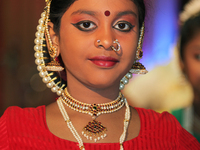 A young Bharatnatyam dancer during the Thiruvaiyaru Music and Dance Festival held in Toronto, Ontario, Canada, on April 14, 2017. The festiv...