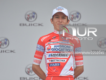 Kevin Rivera Serrano from Androni-Sidermec-Bottecchia team during the Awards Ceremony after he wins the opening stage of the 2017 Tour of Ch...