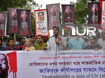 Bangladeshi Peoples' Solidarity Movement party's activist stage demonstration in front of Dhaka's United Nation Office demanding stop Genoci...