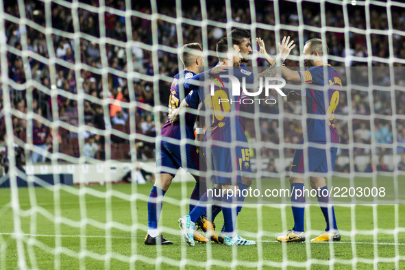 Leo Messi from Argentina of FC Barcelona celebrating the first goal of the match during the La Liga match between FC Barcelona v Eibar at Ca...