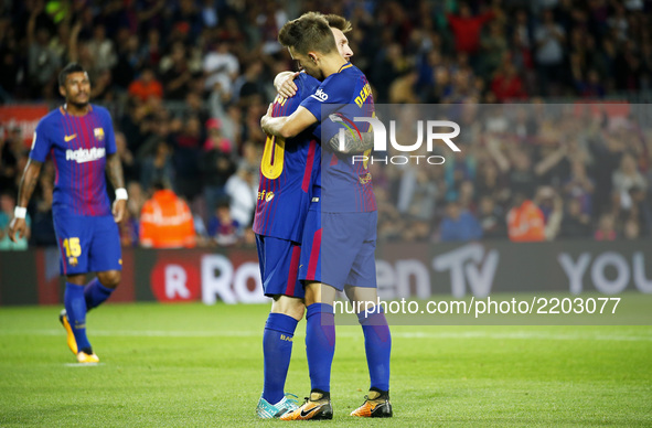 Leo Messi and Denis Suarez celebration during La Liga match between FC Barcelona v SC Eibar , in Barcelona, on September 19, 2017.  