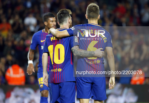 Leo Messi and Denis Suarez celebration during La Liga match between FC Barcelona v SC Eibar , in Barcelona, on September 19, 2017.  