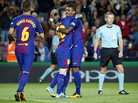 Leo Messi and Paulinho Bezerra celebration during La Liga match between FC Barcelona v SC Eibar , in Barcelona, on September 19, 2017.  (