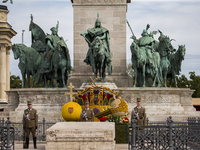 On 18 September 2017 in Budapest, Hungary. The Heroes' Square, better known as Hősök tere,  noted for its iconic statue complex featuring th...