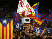 catalan supporters with catalan flags and one urn during La Liga match between FC Barcelona v SC Eibar , in Barcelona, on September 19, 2017...