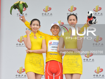 Kevin Rivera Serrano from Androni-Sidermec-Bottecchia team keeps the Yellow Leader Jersey after the second stage of the 2017 Tour of China 2...