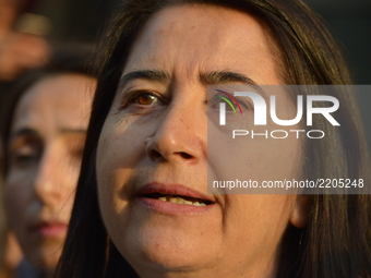 Serpil Kemalbay, Co-Chair of Turkey's pro-Kurdish opposition Peoples' Democratic Party (HDP) speaks to the press during a protest for women'...
