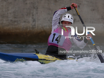 Non Dingle of Seren Dwr J18 competes in Canoe Single (C1) Women
during the British Canoeing 2017 British Open Slalom Championships at Lee Va...