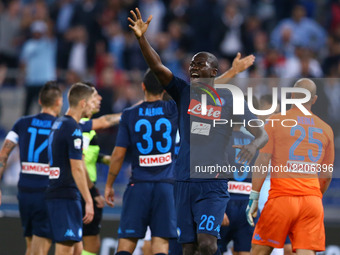 Kalidou Koulibaly of Napoli reclaiming with the lineman  during the Serie A match between SS Lazio and SSC Napoli at Stadio Olimpico on Sept...