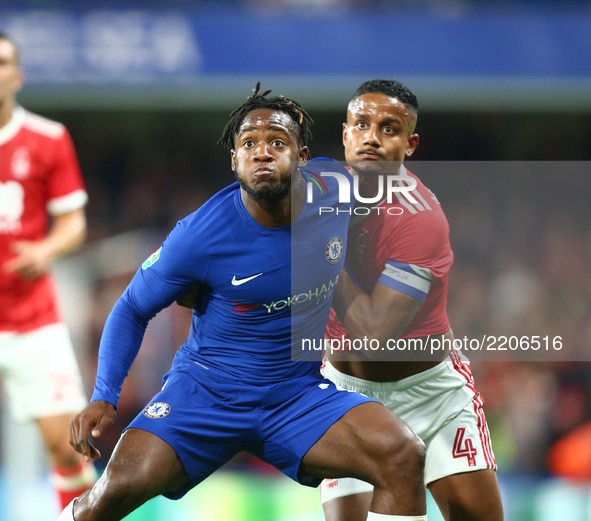 Chelsea's Michy Batshuayi holds of Nottingham Forest's Michael Mancienne
during Carabao Cup 3rd Round match between Chelsea and Nottingham F...