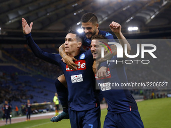 Jose Maria Callejon of Napoli, Lorenzo Insigne of Napoli and Dries Mertens of Napoli celebrating during the Serie A match between SS Lazio a...