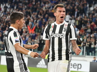 Mario Mandzukic (Juventus FC) celebrates with Paulo Dybala (Juventus FC) after scoring the goal of the win during the Serie A football match...
