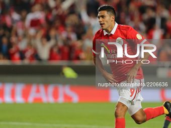 Benficas forward Raul Jimenez from Mexico celebrating after scoring a goal during the Portuguese Cup 2017/18 match between SL Benfica v SC B...