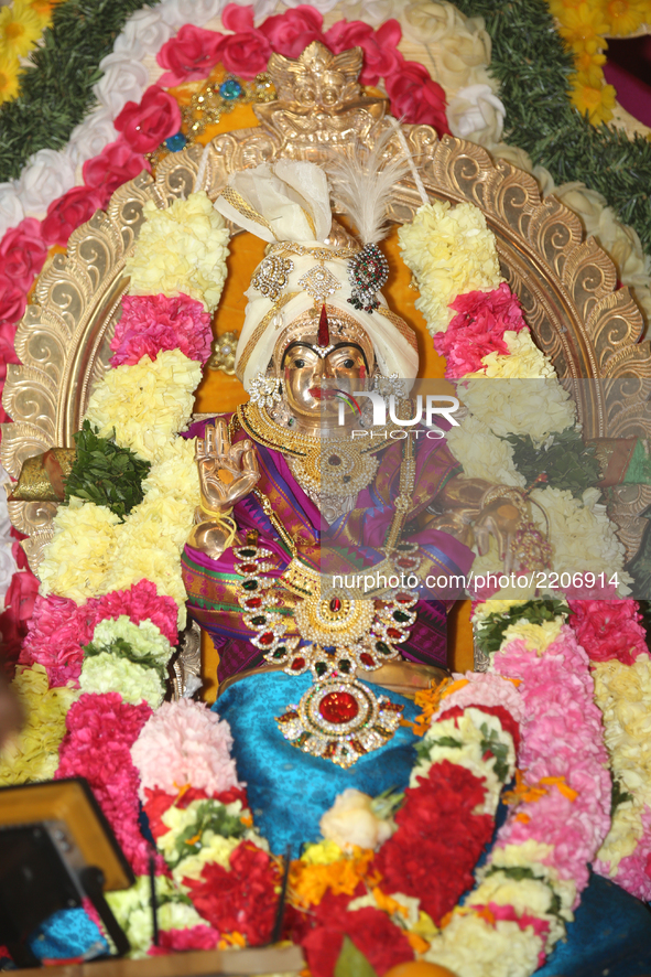 Adorned idol of Lord Ayyappan during the Sapparam Festival at a Tamil Hindu temple in Ontario, Canada, on August 04, 2017. During this festi...