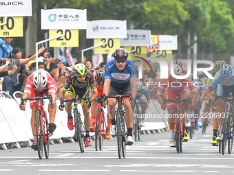 Marco Benfatto (First Left) from Androni-Sidermec-Bottecchia team wins the third stage of the 2017 Tour of China 2, the 94km Changde Hanshou...