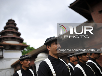 Nepalese Army Personnel of Gurujuko Paltan awaits for offering after performing ritual puja during the Gatasthapana first day of Biggest Hin...