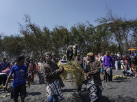 Javanese people brought the offering of goats to be thrown into the sea during the ritual ceremony of labuhan 1st Suro (Javanese calendar) d...