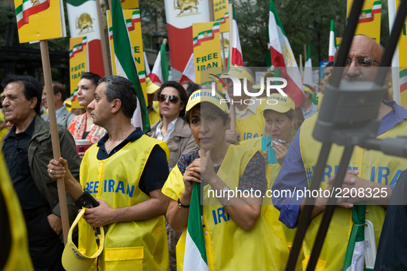Thousands of Iranians rally outside the United Nations Headquarters in New York, on September 20, 2017 to denounce the presence of the Irani...