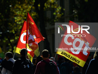Flags of the CGT trade union during a demonstration in Toulouse against the new Macron's reforms on the Work Code. The demonstration was cal...