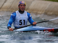 Joe Clarke of Stafford and Stone CC competes in Kayak  (K1) Men during the British Canoeing 2017 British Open Slalom Championships at Lee Va...