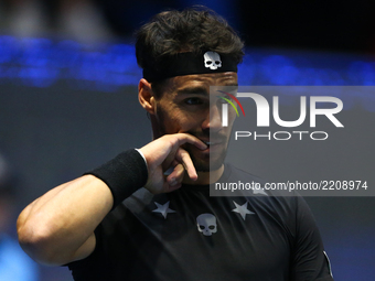 Fabio Fognini of Italy reacts during the St. Petersburg Open ATP tennis tournament match in St. Petersburg, Russia, Thursday, Sept. 21, 2017...
